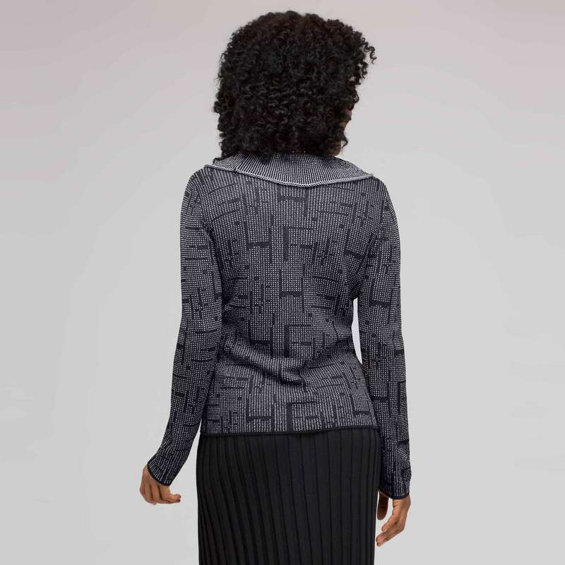 Ruffle Front Cardigan, Black & White, large image number 1